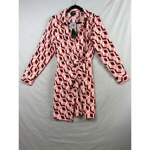 Bold Elements Ally Brooke Wrap Dress Womens Size M Pink Geo Print Long Sleeve
